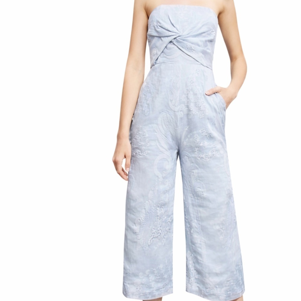Aijek Silk Linen Embroidered Strapless Wide Leg Jumpsuit Blue Sz S
